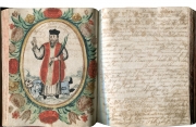 Wizerunek św. Walentego w księdze cechu krawieckiego z lat 1642-1909  – wizerunek na karcie 49 malowany gwaszem ok. 1740 r. (MK/H/700)