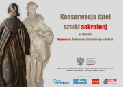 Grafika promująca projekt "Konserwacja dzieł sztuki sakralnej...". Widoczne rzeźby świętych ze zbiorów Muzeum